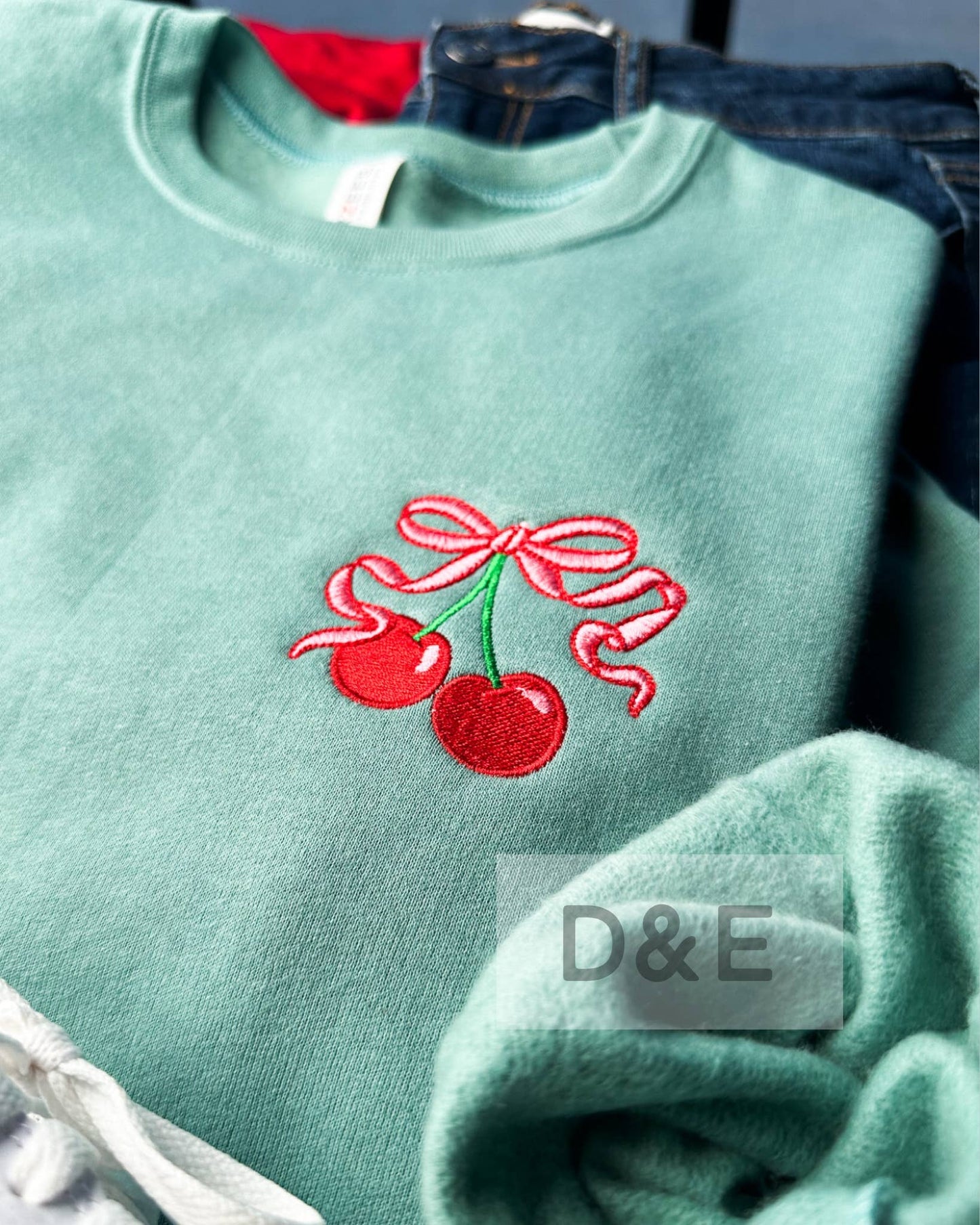 Cherry Embroidery Sweatshirt - Sage green