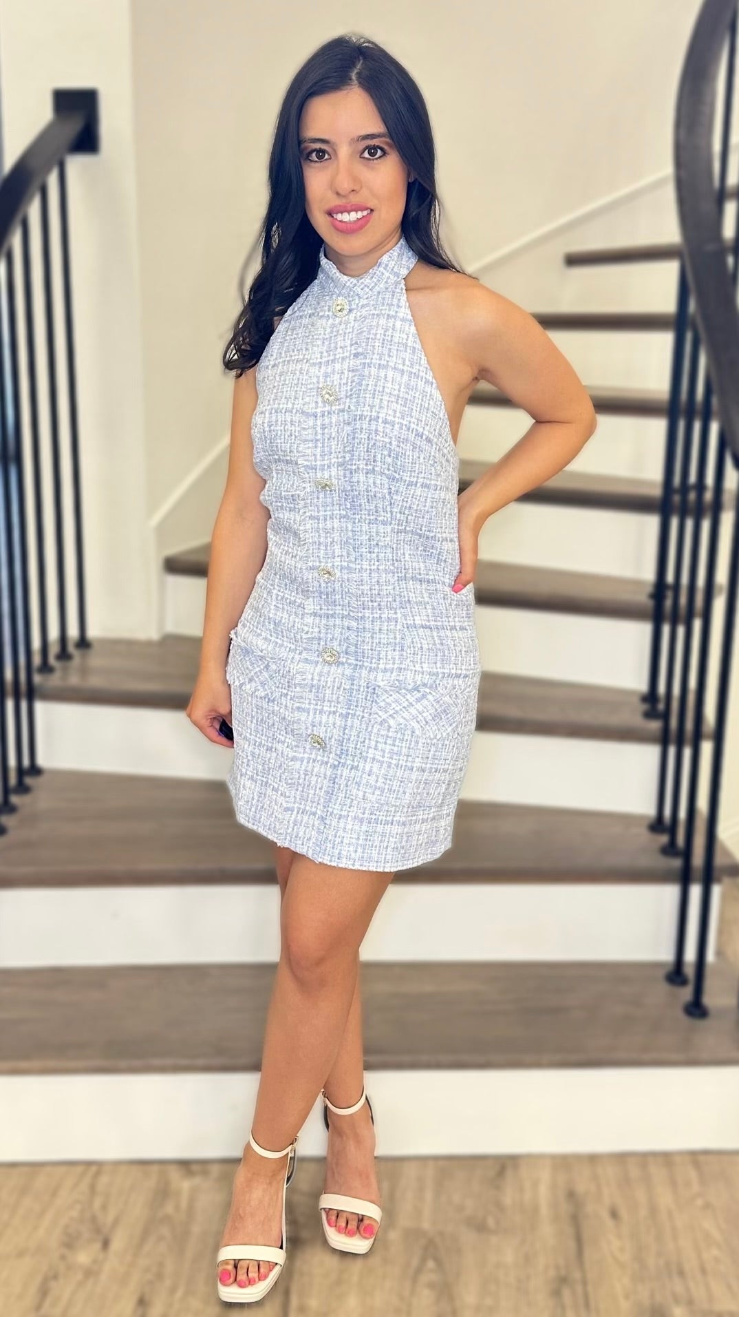 Queenly Tweed Dress - Light Blue
