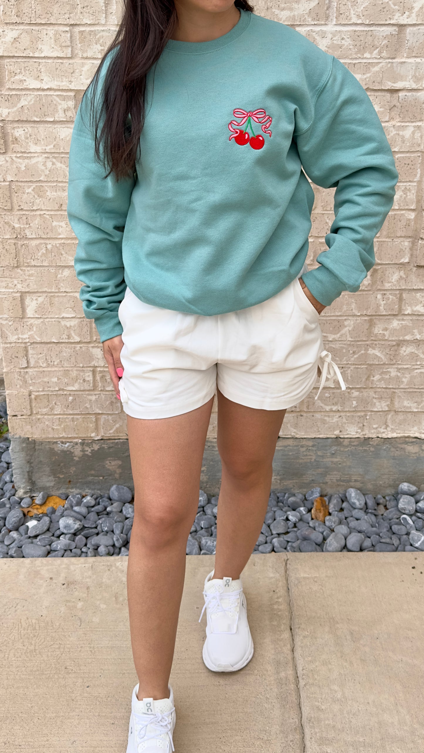 Cherry Embroidery Sweatshirt - Sage green