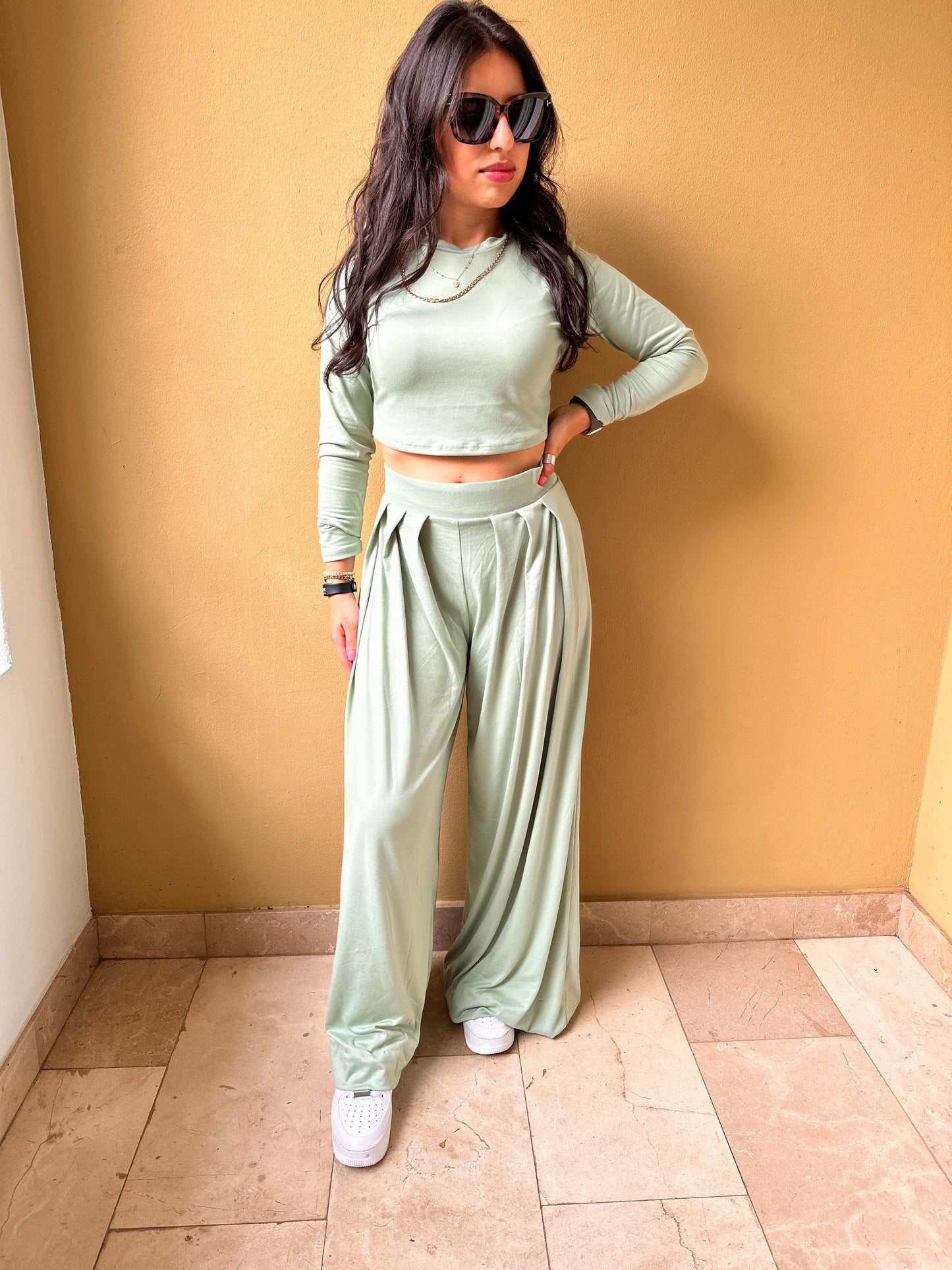 MEGHAN PLEATED PANTS & TOP SET - SAGE GREEN