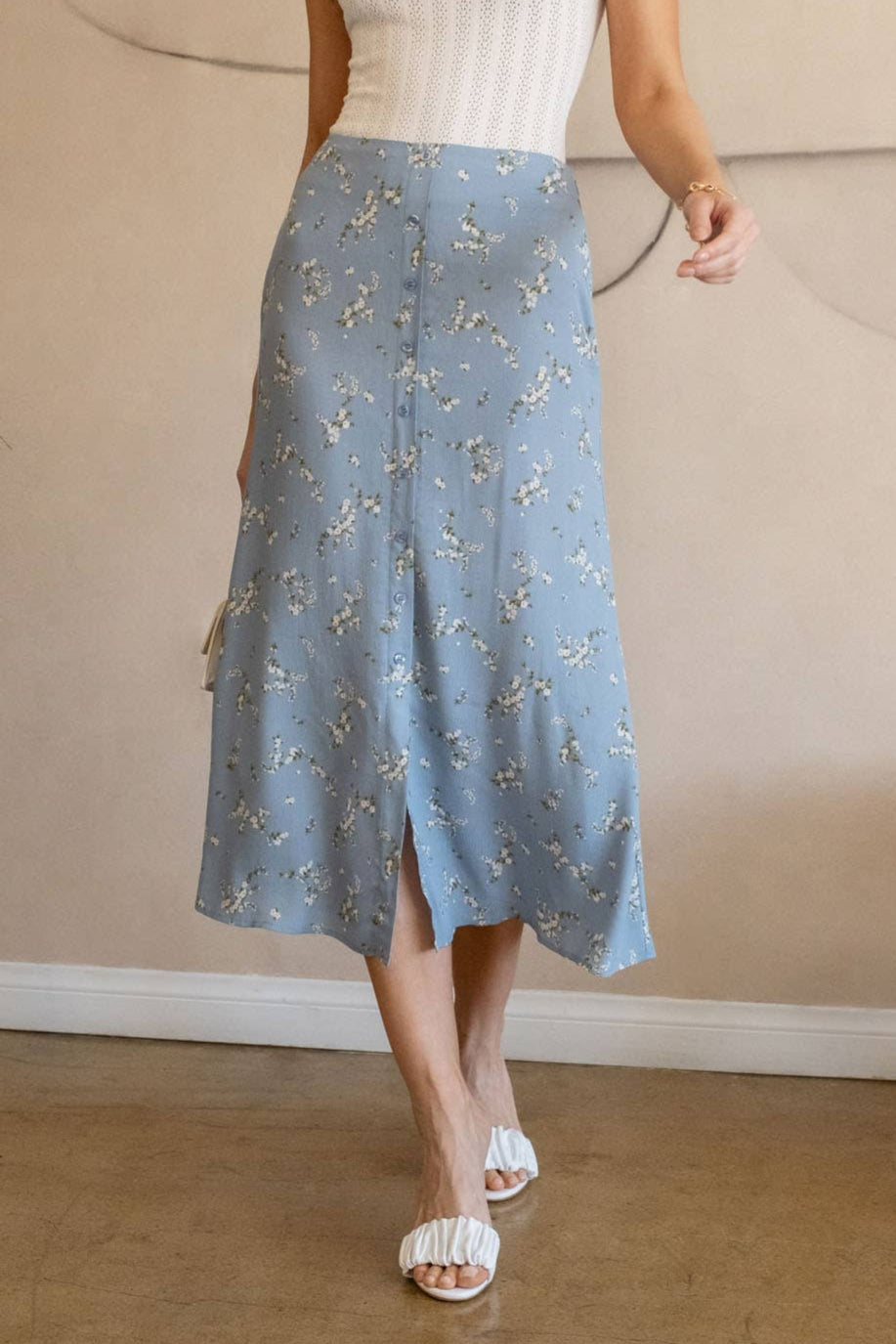 IRIS FLORAL BUTTON DOWN MIDI SKIRT - DUSTY BLUE