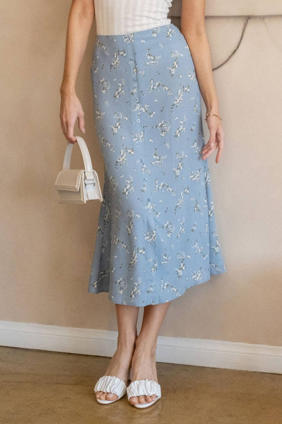 IRIS FLORAL BUTTON DOWN MIDI SKIRT - DUSTY BLUE