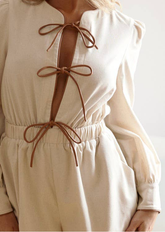 HEATHER LONG SLEEVE LINEN BOW ROMPER - CREAM