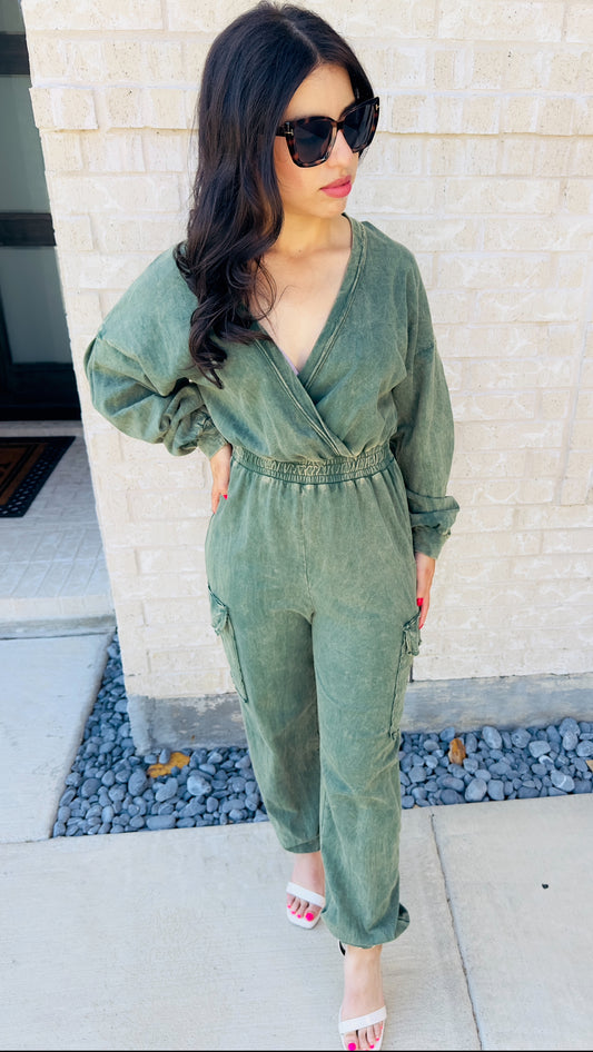 BECKY MINERAL WASH JUMPSUIT - OLIVE GREEN