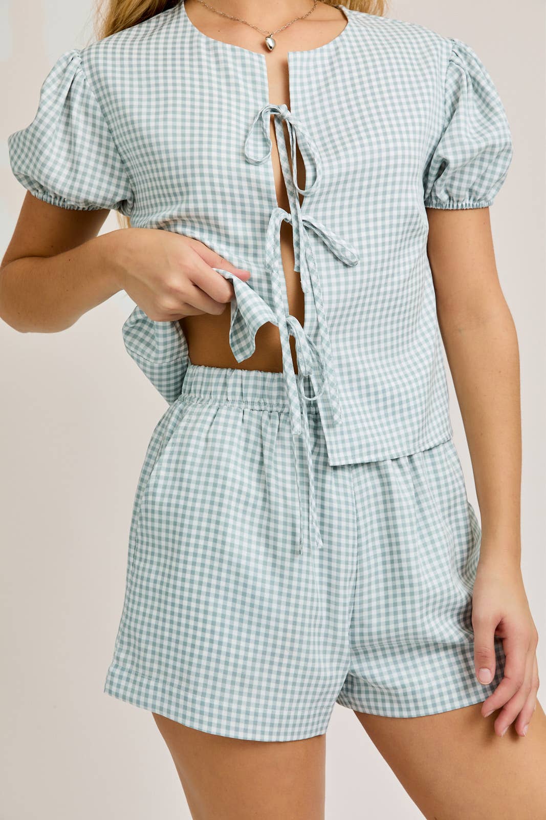 CATALINA FRONT TIE GINGHAM SET - WHITE / BLUE