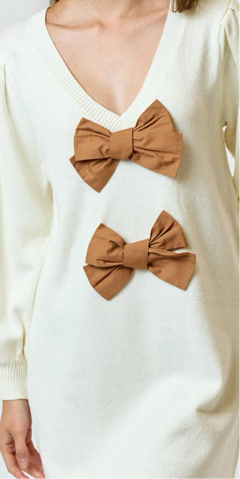 HAILEY BOW SWEATER DRESS - OFF WHITE