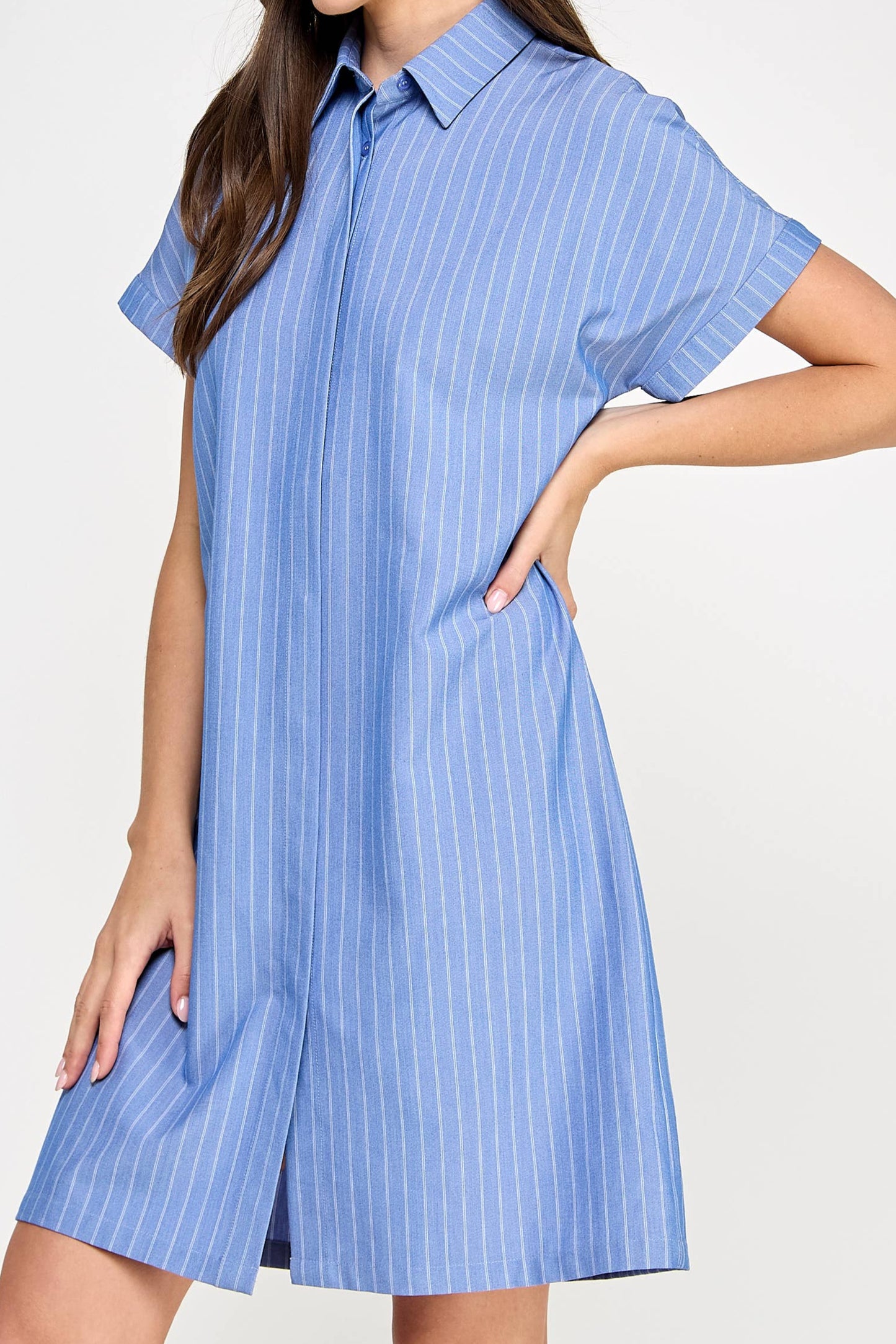 LACEY PIN STRIPE SHIRT DRESS - BLUE