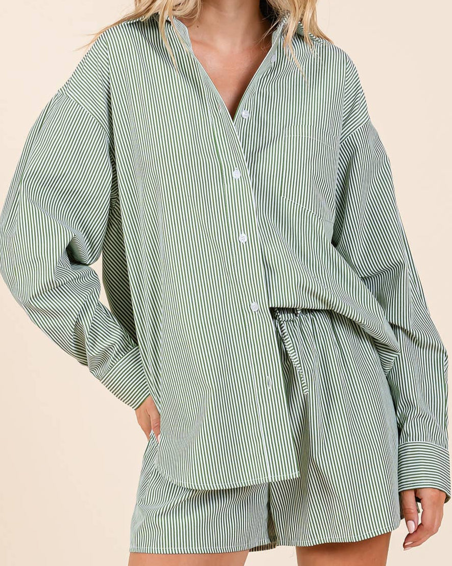 KATHY STRIPED SHIRT AND SHORTS SET - PINK/ GREEN