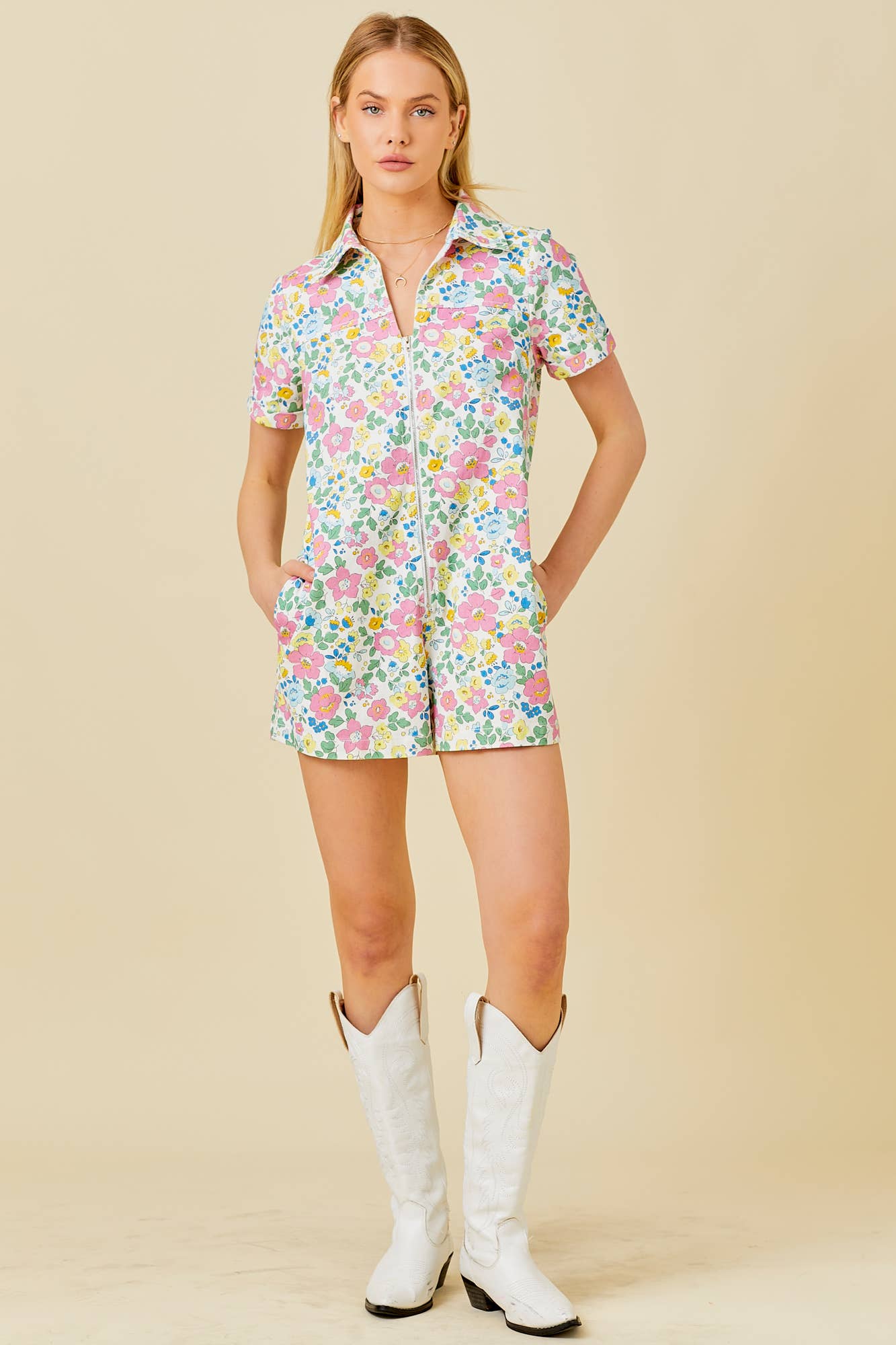 PATSY FLORAL DENIM ROMPER - MULTI