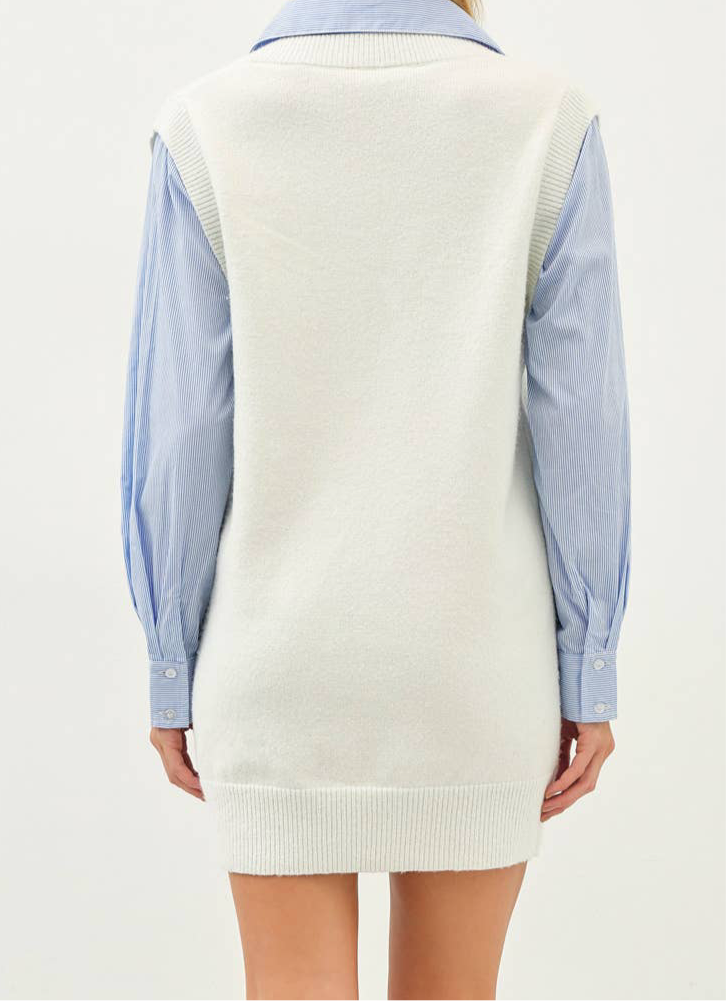 HARPER MINI SWEATER DRESS W/ COLLARD SHIRT - WHITE & BLUE