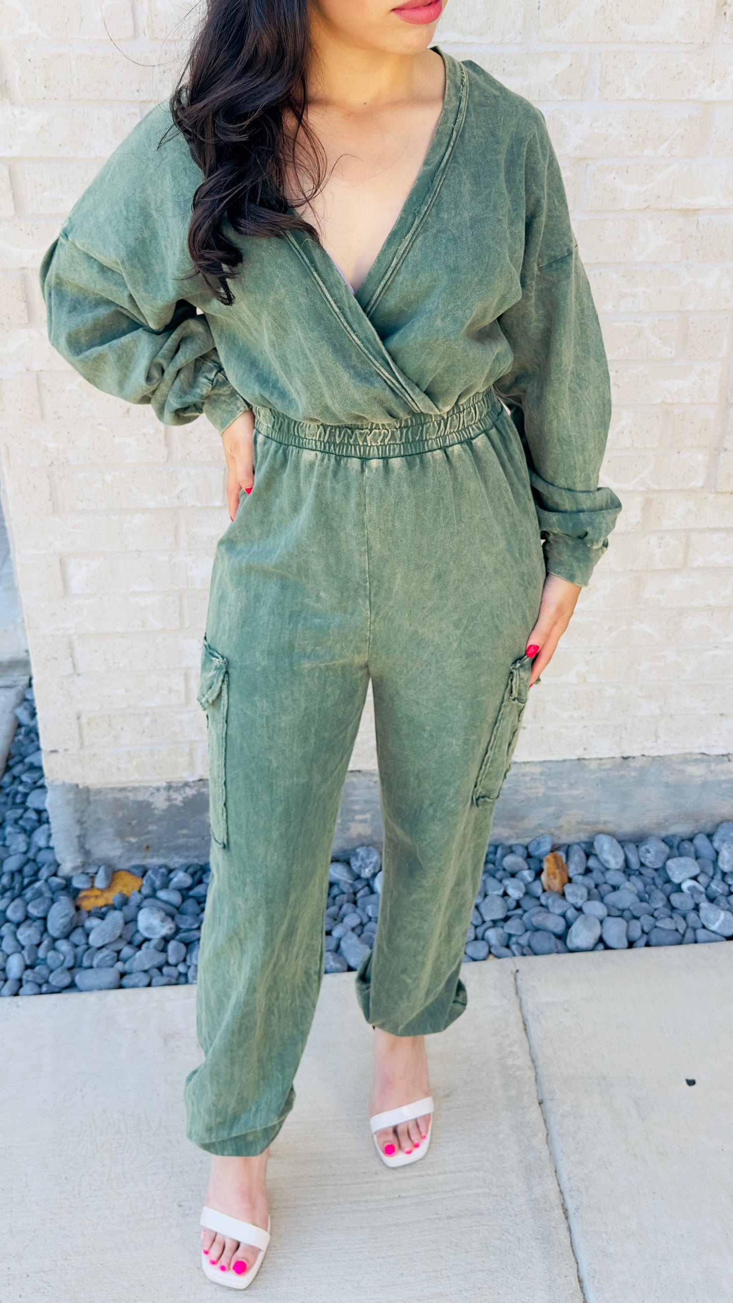 BECKY MINERAL WASH JUMPSUIT - OLIVE GREEN