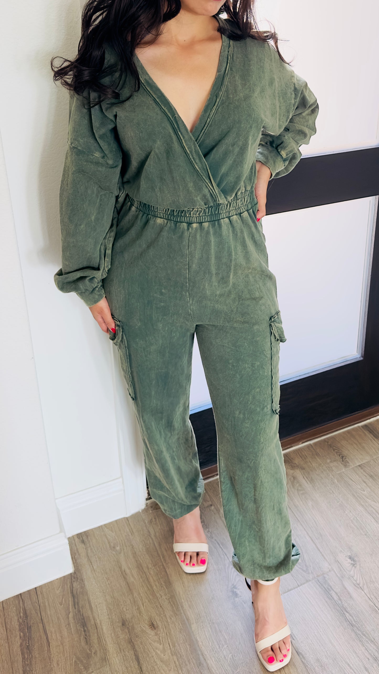 BECKY MINERAL WASH JUMPSUIT - OLIVE GREEN