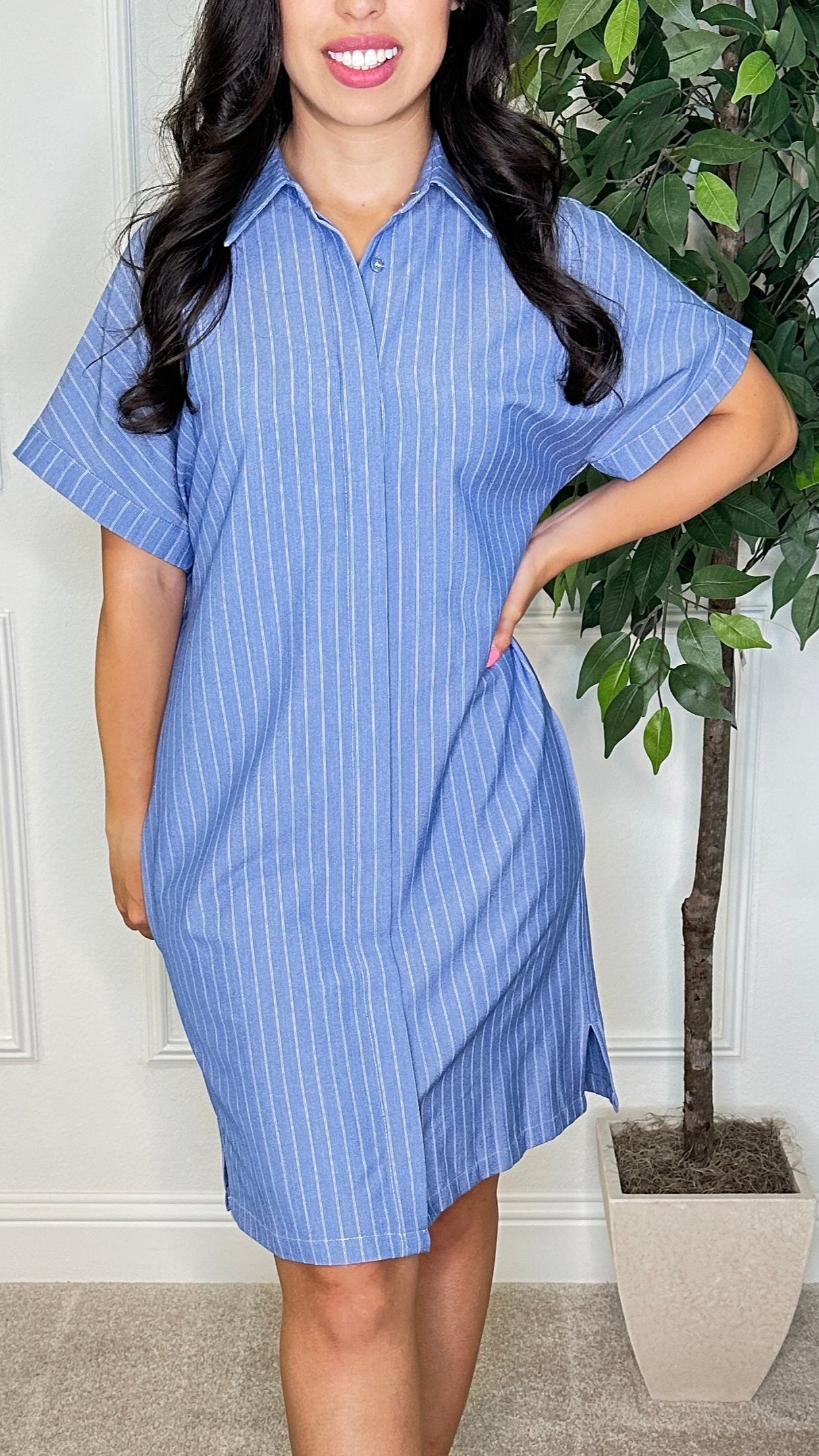 LACEY PIN STRIPE SHIRT DRESS - BLUE