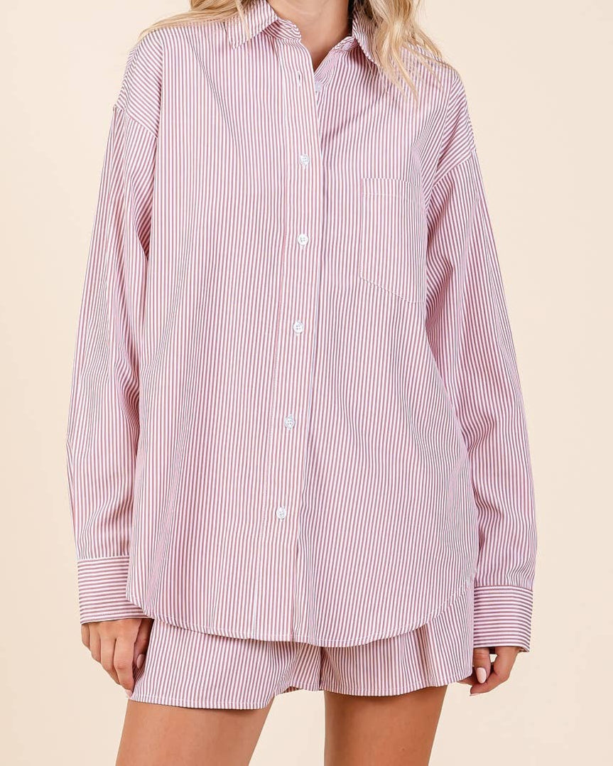 KATHY STRIPED SHIRT AND SHORTS SET - PINK/ GREEN