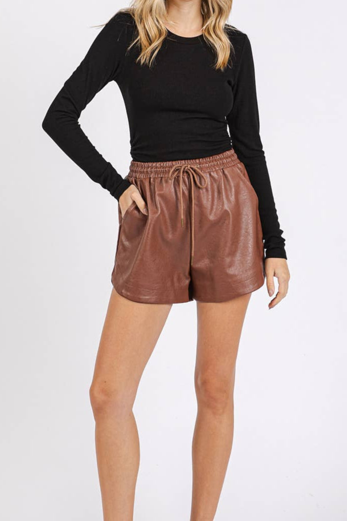 CALLA LEATHER SHORTS - BLACK / BROWN