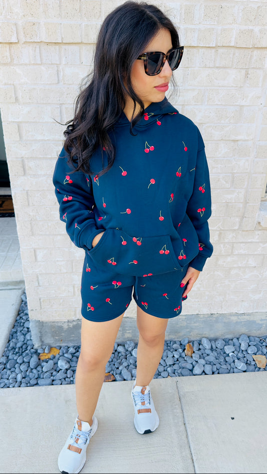 CALI CHERRY FLEECE HOODIE SWEATSHIRT - NAVY