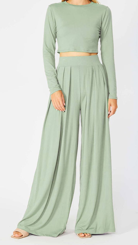 MEGHAN PLEATED PANTS & TOP SET - SAGE GREEN