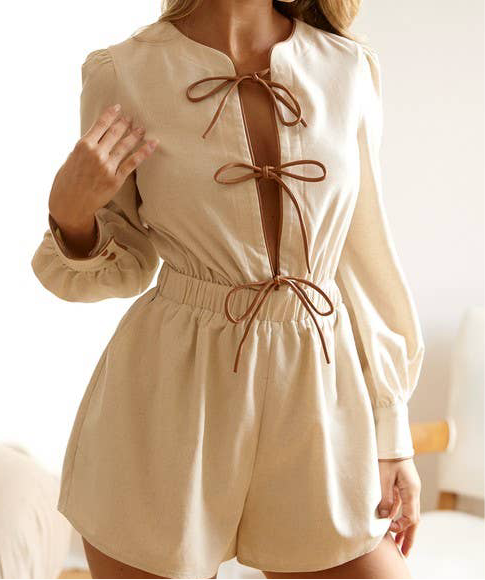 HEATHER LONG SLEEVE LINEN BOW ROMPER - CREAM