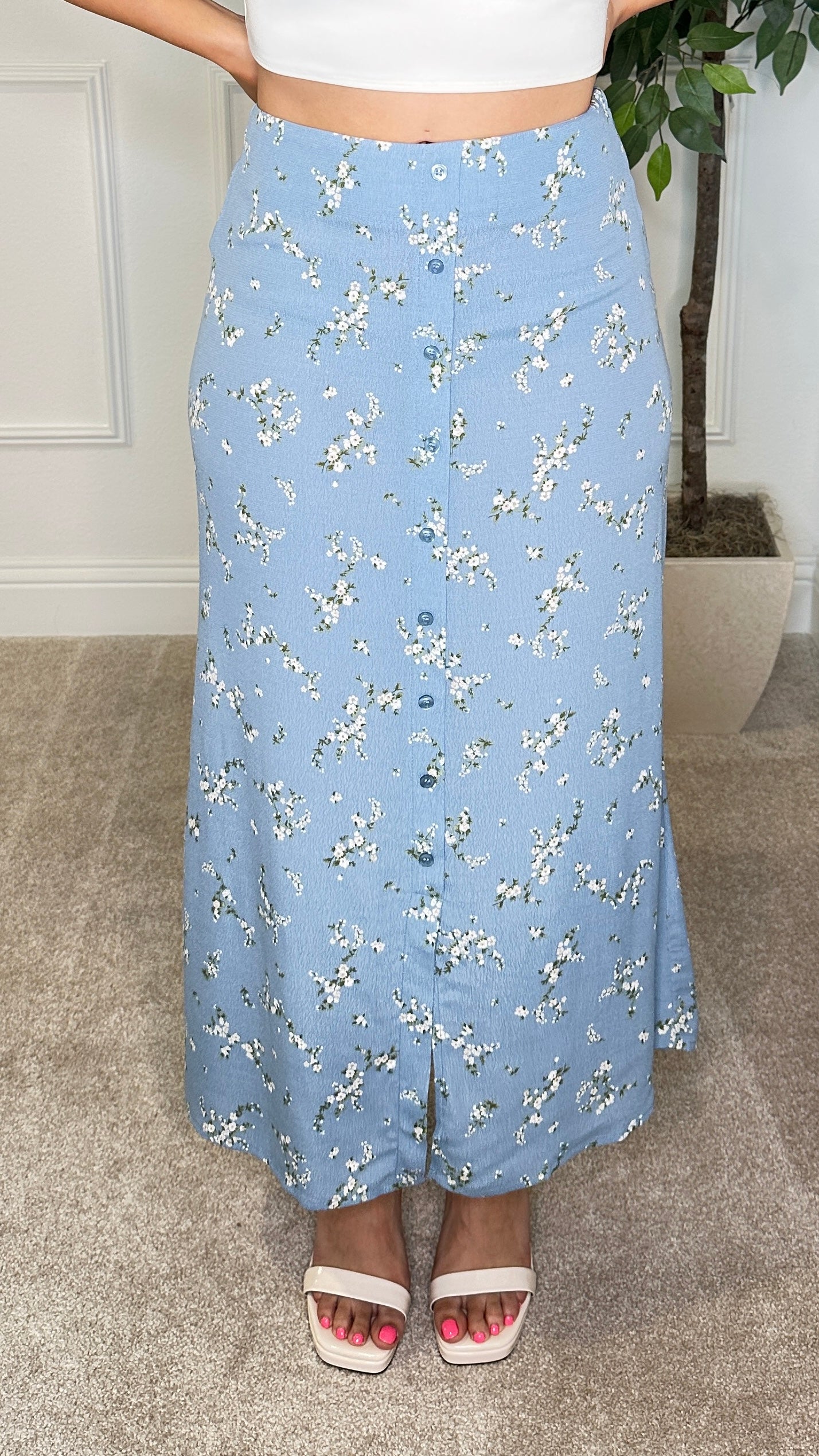 IRIS FLORAL BUTTON DOWN MIDI SKIRT - DUSTY BLUE