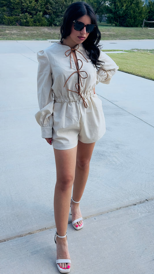 HEATHER LONG SLEEVE LINEN BOW ROMPER - CREAM