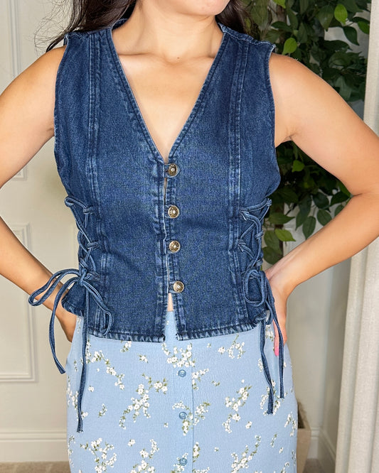 ALLANA VEST W/ LACE UP SIDES -  DK DENIM