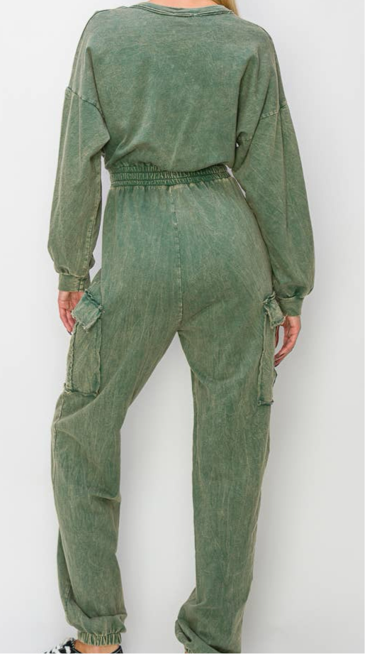 BECKY MINERAL WASH JUMPSUIT - OLIVE GREEN