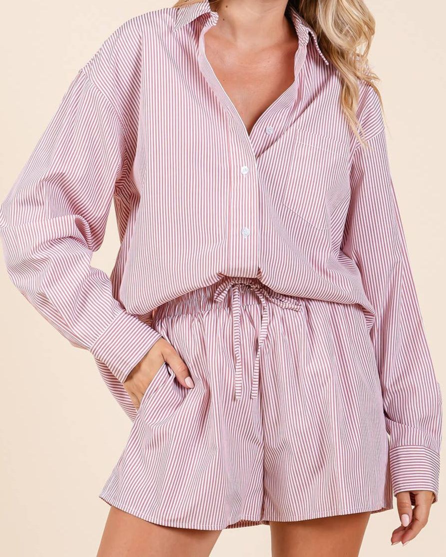 KATHY STRIPED SHIRT AND SHORTS SET - PINK/ GREEN
