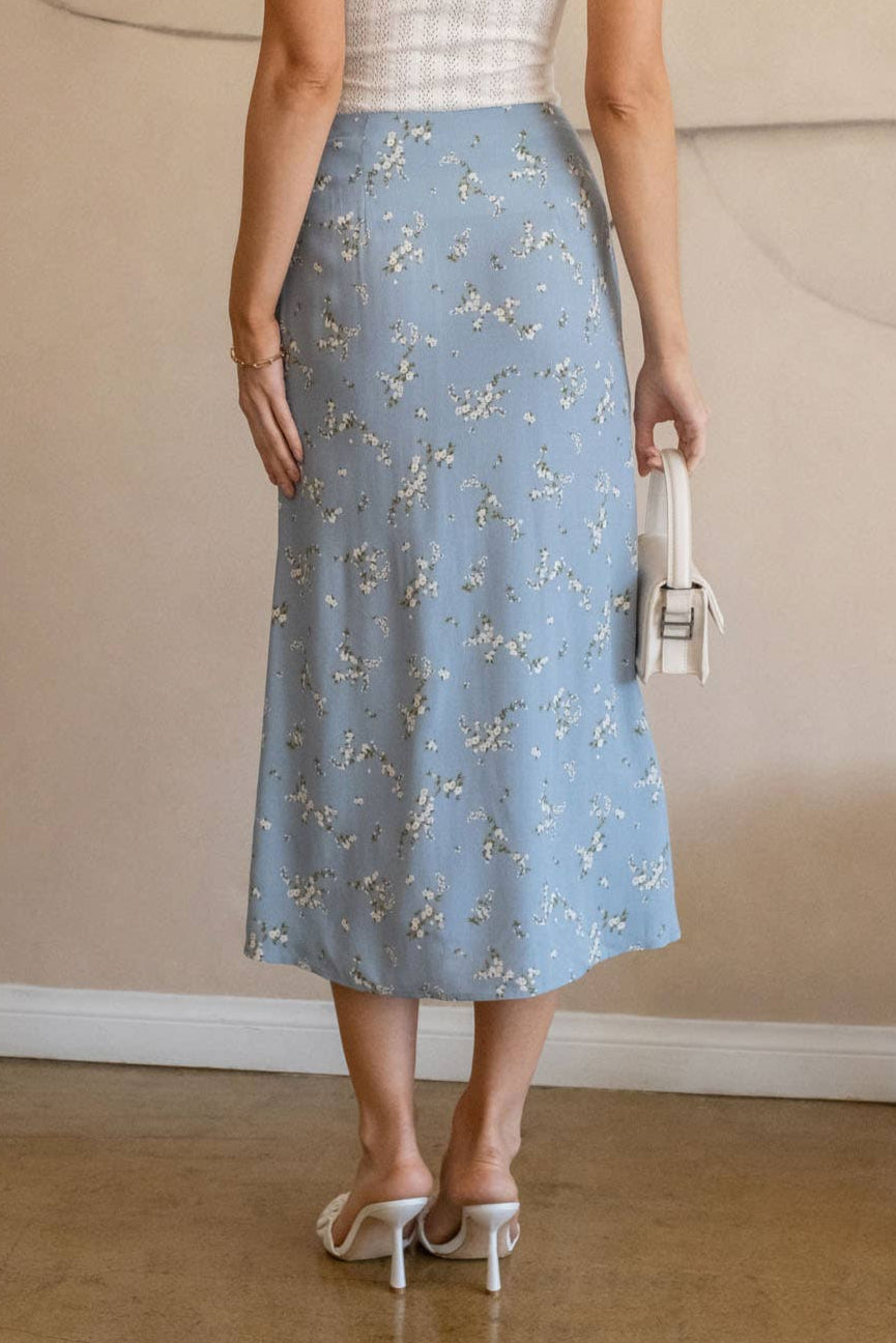 IRIS FLORAL BUTTON DOWN MIDI SKIRT - DUSTY BLUE