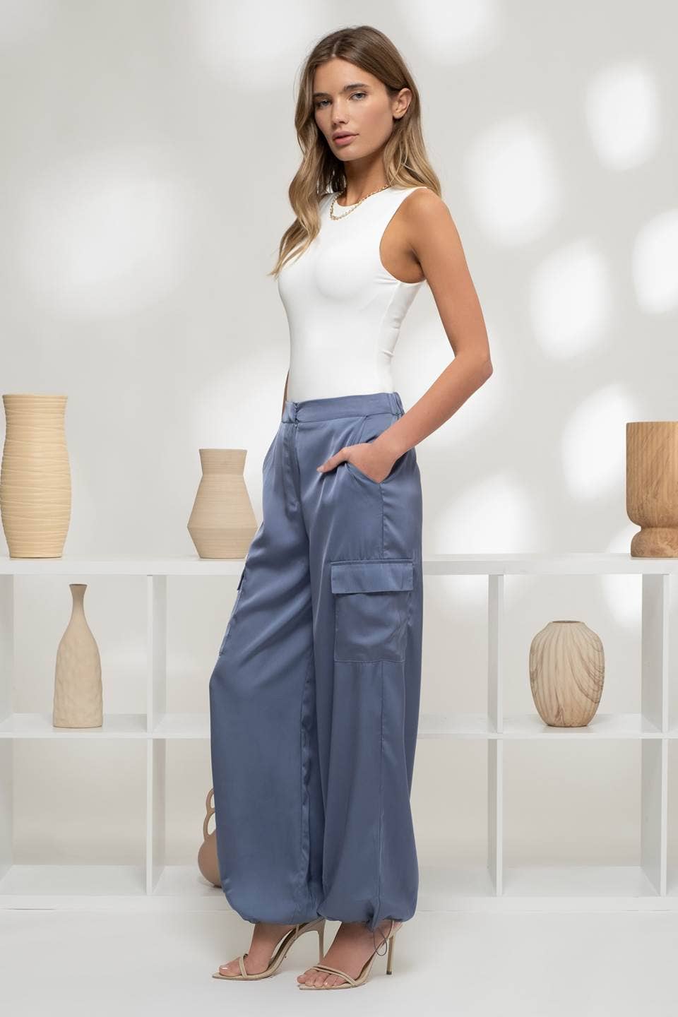 CORBIN SATIN CARGO JOGGER PANTS -  BLUE